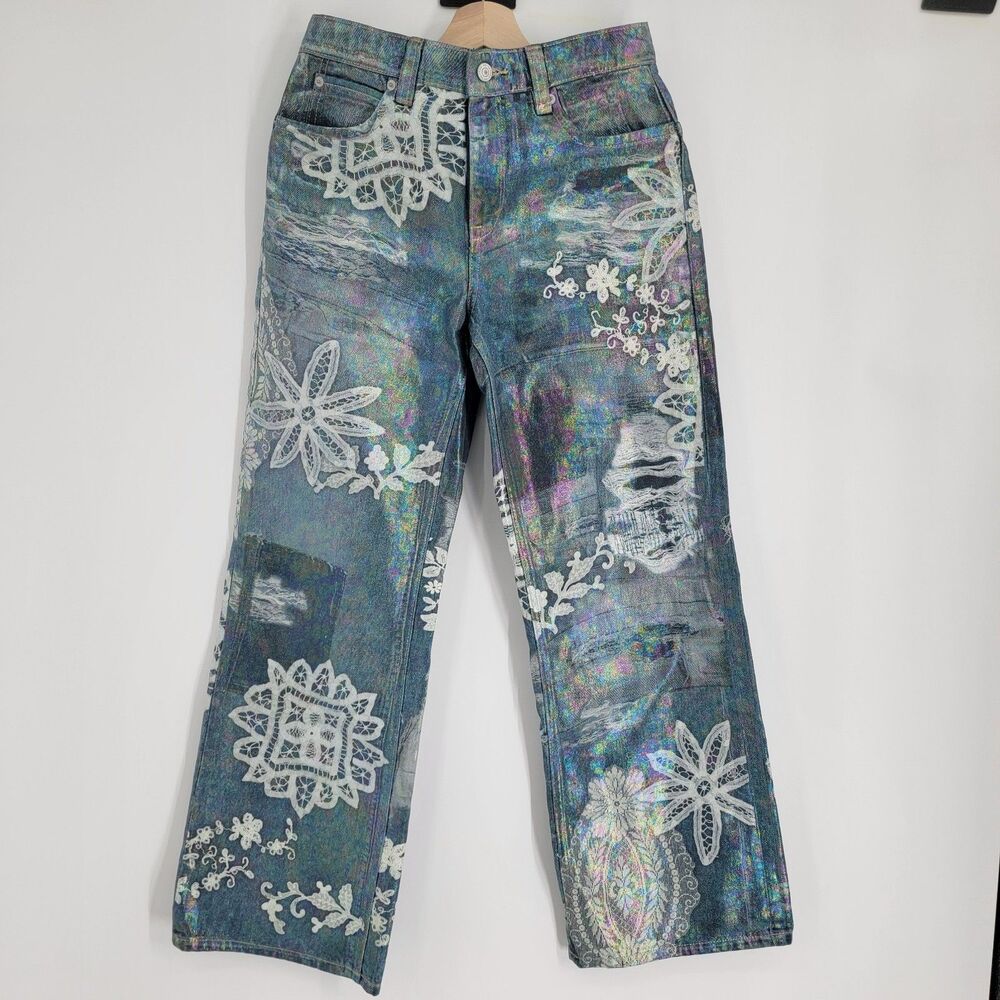 Free People We The Free Jeans 26 Holographic Floral Print Wide Leg Boho Festival